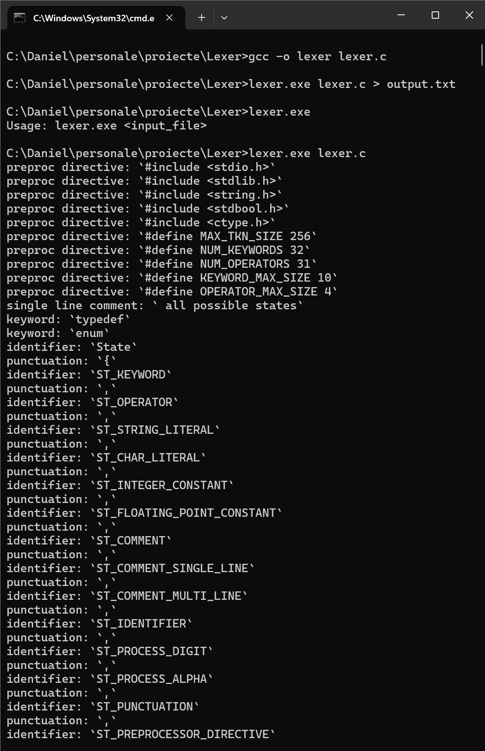 Lexer token output
