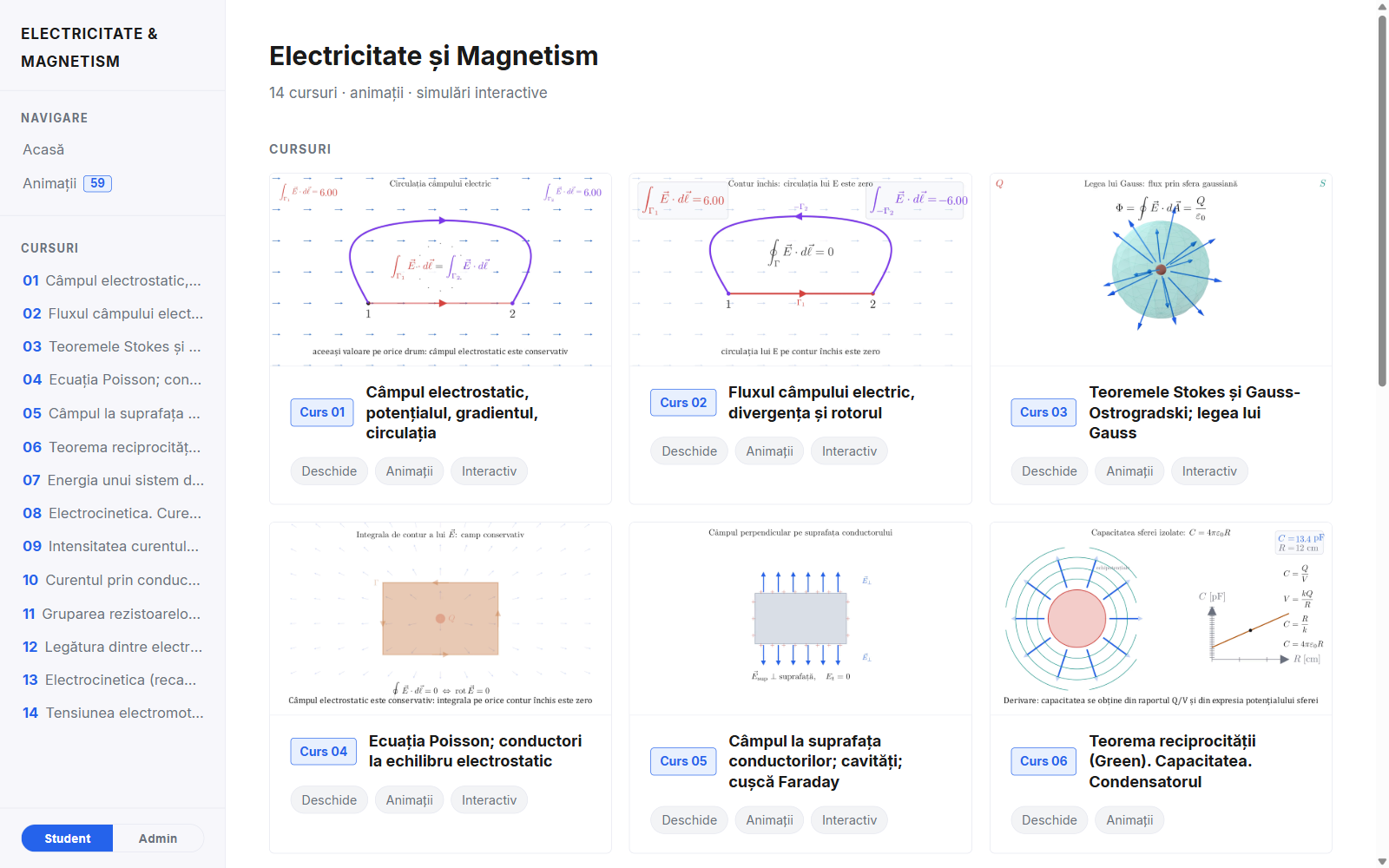 Electromagnetics course catalog with animated lessons