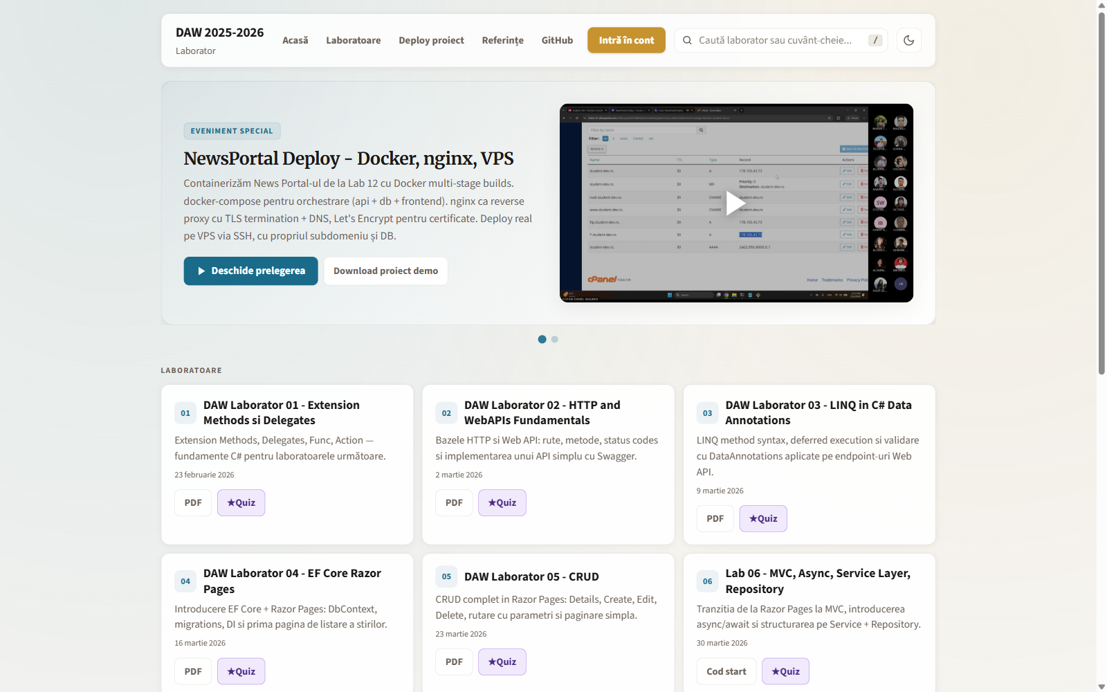DAW labs site - landing page with the deploy lab featured