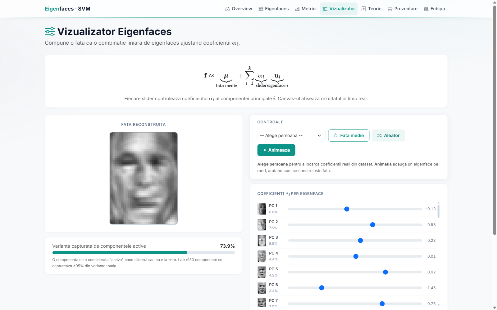 The eigenfaces visualizer reconstructing a face from principal components