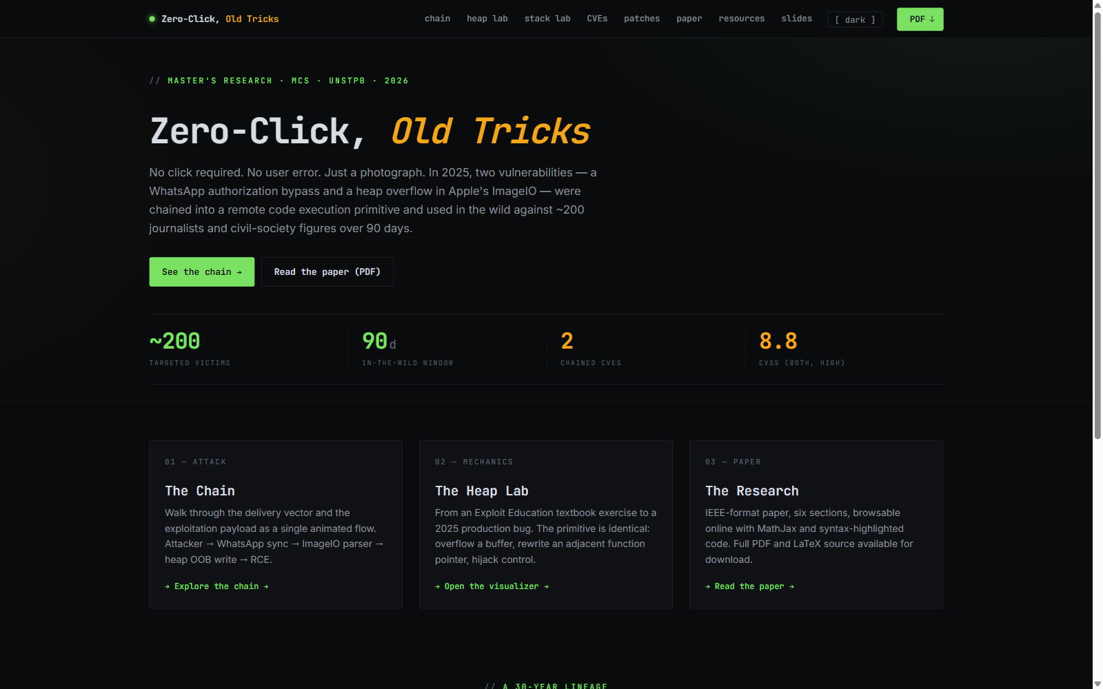 Zero-Click, Old Tricks - landing page with the attack statistics